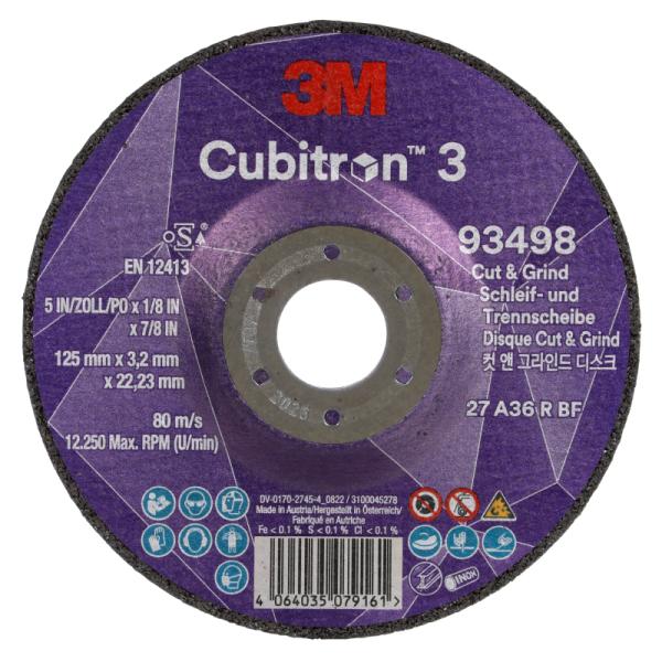 3M Cubitron 3 rezný a brúsny kotúč, 93498, 36+, T27, 125 mm x 3.2 mm x 22.23 mm, EN, 10/Pack, 20 ea/Case