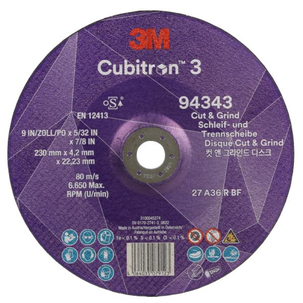 3M Cubitron 3 rezný a brúsny kotúč, 94343, 36+, T27, 230 mm x 4.2 mm x 22.23 mm, EN, 10/Pack, 20 ea/Case