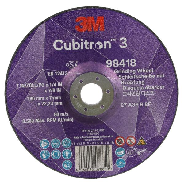 3M Cubitron 3brúsny kotúč s vypuklým stredom, 98418, 36+, T27, 180 mm x 7 mm x 22.23 mm, EN, 10/Pack, 20 ea/Case