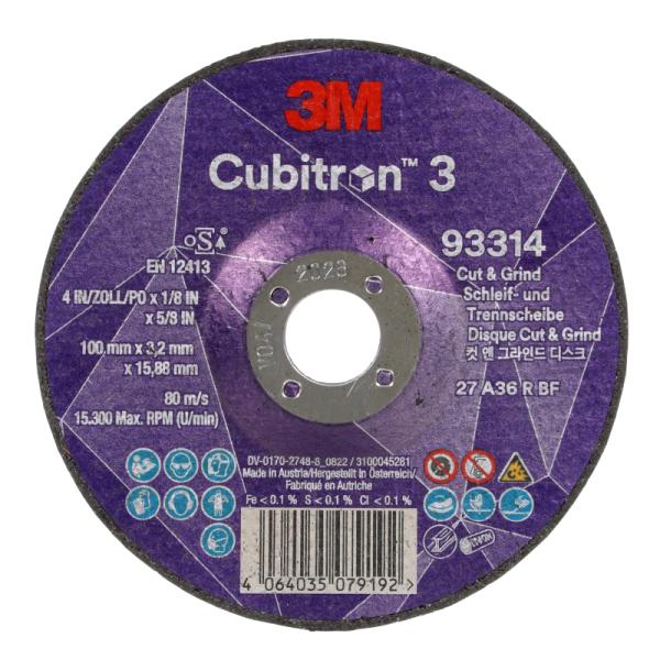 3M Cubitron 3 rezný a brúsny kotúč, 93314, 36+, T27, 100 mm x 3.2 mm x 15.88 mm, EN, 10/Pack, 20 ea/Case