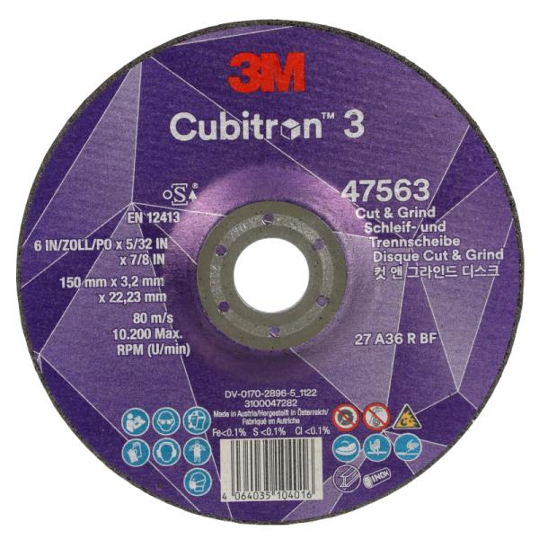 3M Cubitron 3 rezný a brúsny kotúč, 47563, 36+, T27, 150 mm x 3.2 mm x 22.23 mm, EN, 10/Pack, 20 ea/Case