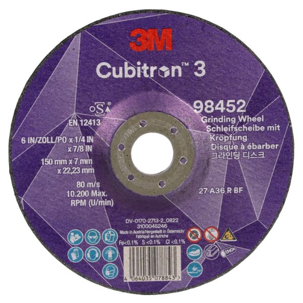 3M Cubitron 3brúsny kotúč s vypuklým stredom, 98452, 36+, T27, 150 mm x 7 mm x 22.23 mm, EN, 10/Pack, 20 ea/Case